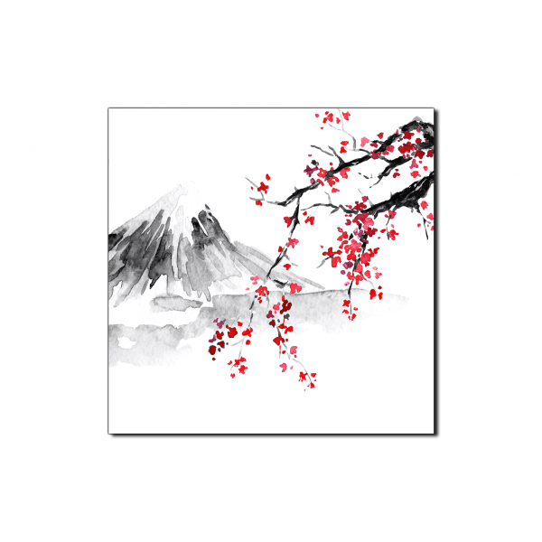 Obraz na plátně - Tradiční sumi-e obraz: sakura, slunce a hory - čtverec
